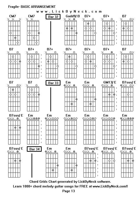 Chord Grids Chart of chord melody fingerstyle guitar song-Fragile- BASIC ARRANGEMENT,generated by LickByNeck software.